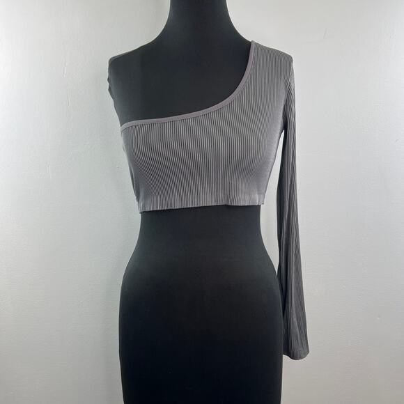 Maniere De Voir Gray Cropped Top Stretch Rib One Shoulder Pullover Top Size 12 - Picture 3 of 10